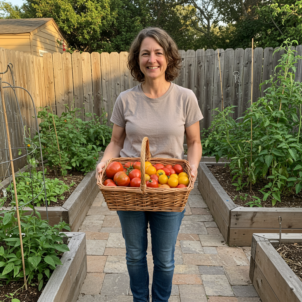 Sarah holding a basket of tomatoes